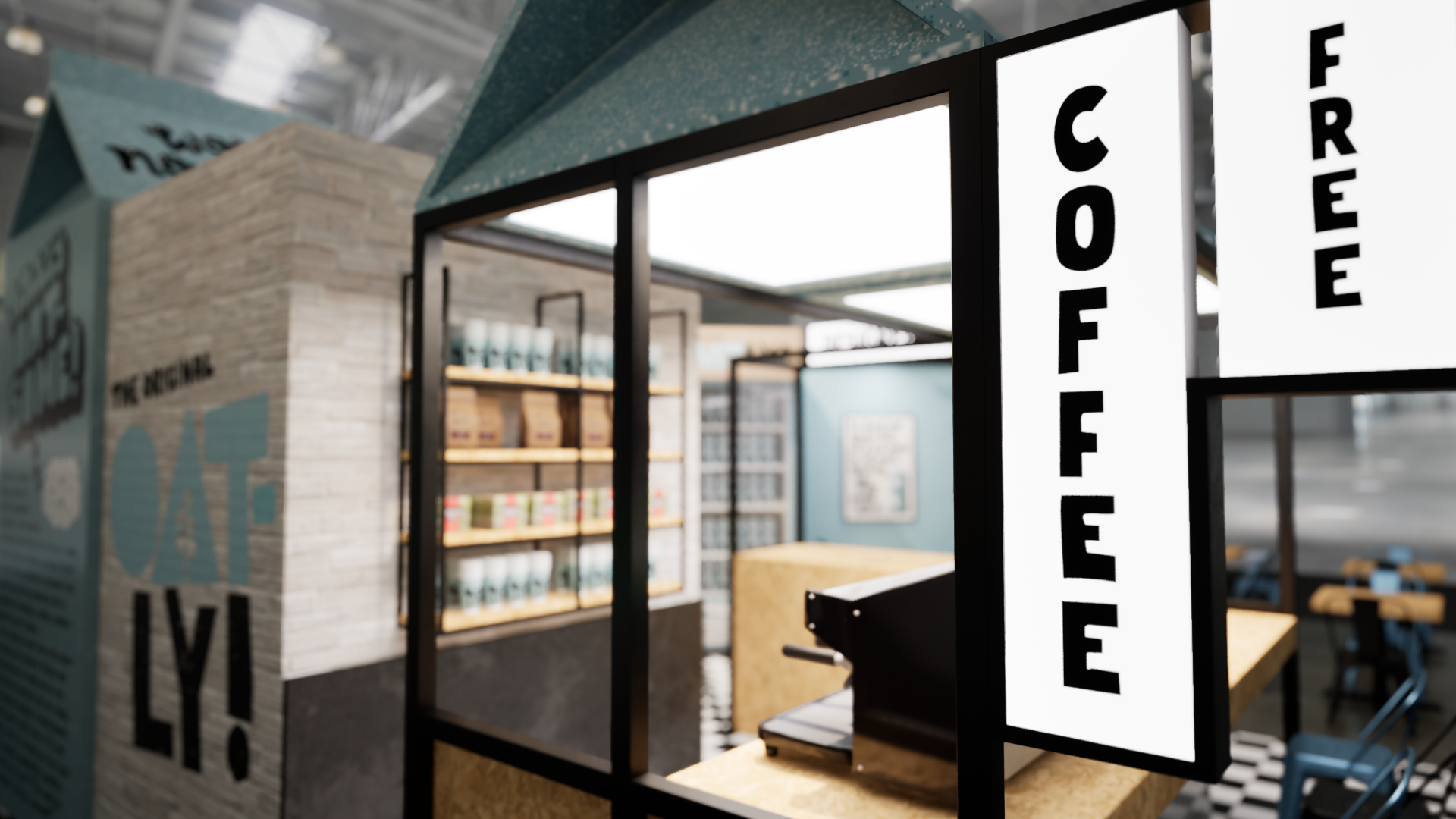 Graphic depicting UI-styled buttons with different categories of interior design items on top of an image of a modern interior living room.