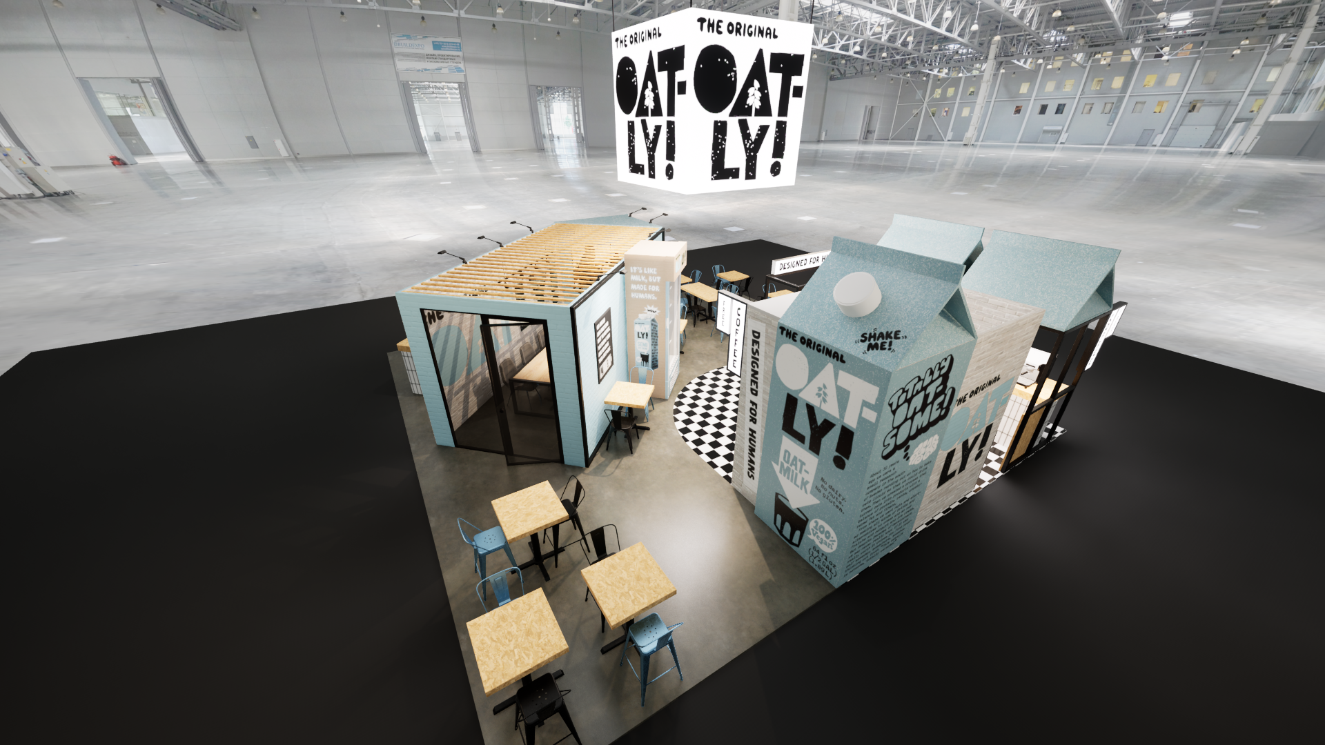 Graphic depicting UI-styled buttons with different categories of interior design items on top of an image of a modern interior living room.