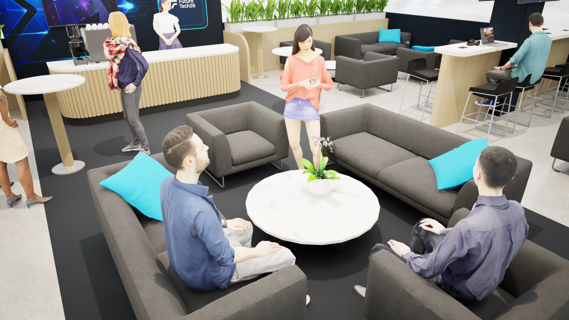 Graphic depicting UI-styled buttons with different categories of interior design items on top of an image of a modern interior living room.