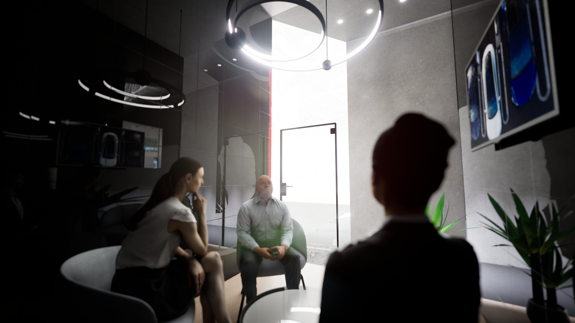 Graphic depicting UI-styled buttons with different categories of interior design items on top of an image of a modern interior living room.