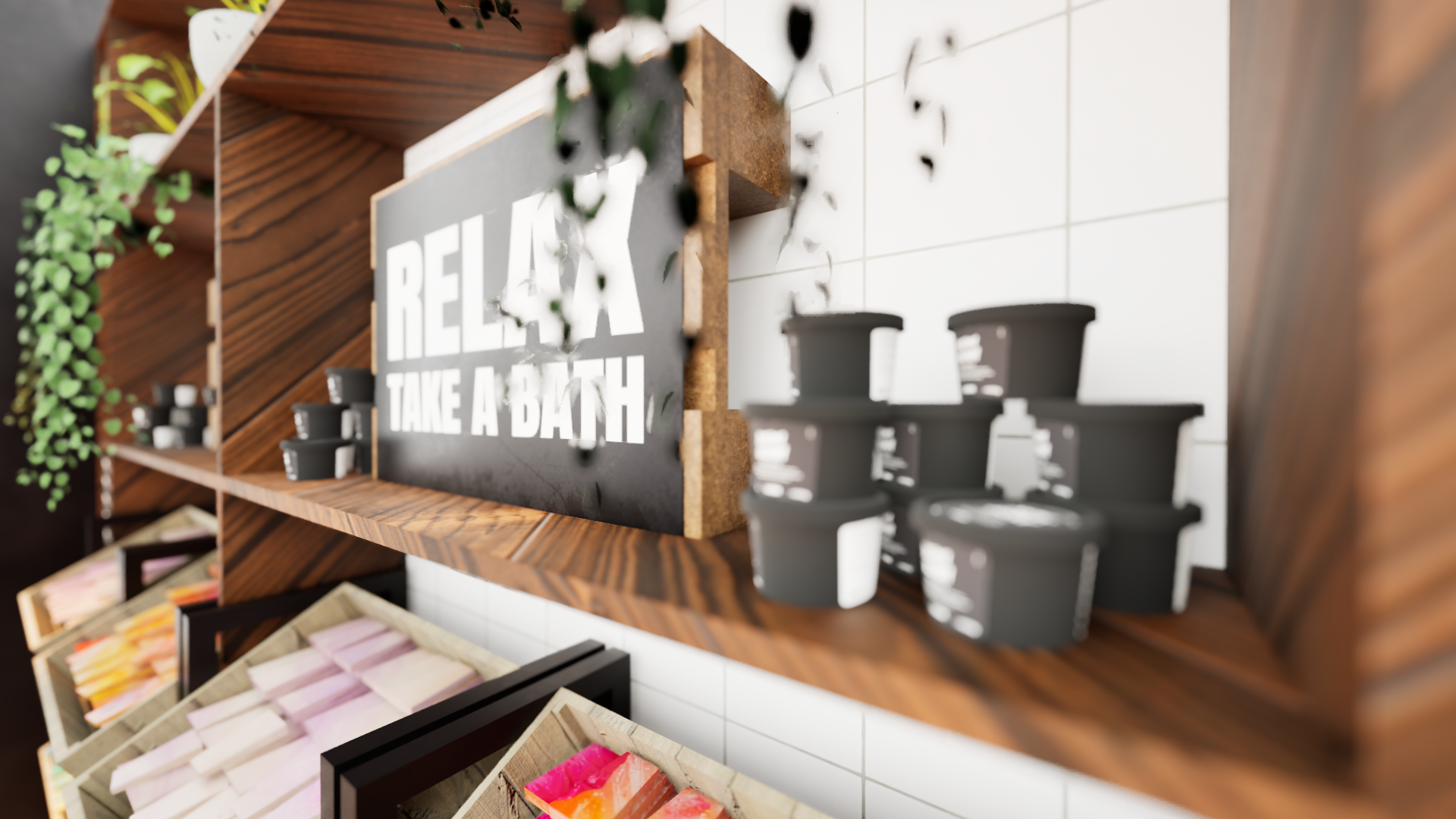 Graphic depicting UI-styled buttons with different categories of interior design items on top of an image of a modern interior living room.