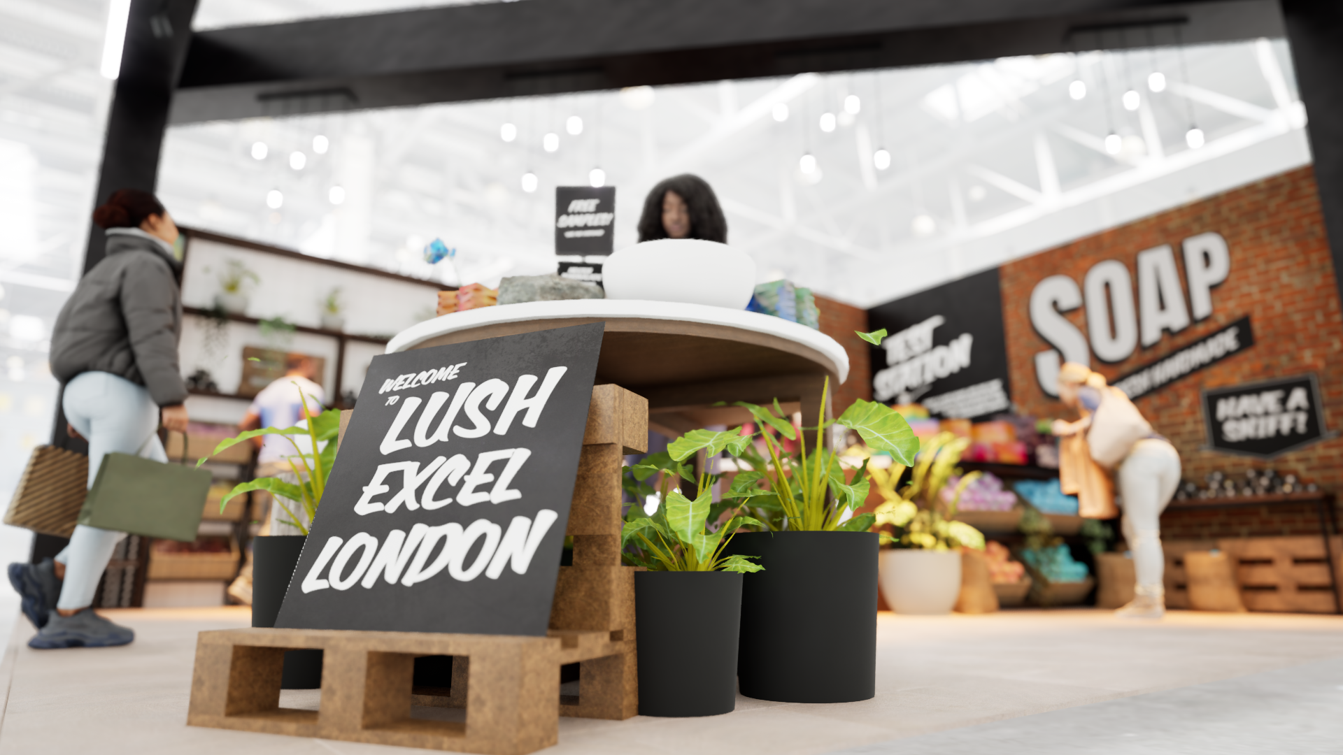 Graphic depicting UI-styled buttons with different categories of interior design items on top of an image of a modern interior living room.